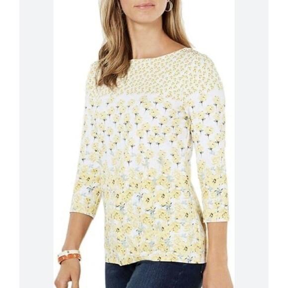Charter Club Top XL Butter Yellow Floral  Stretch Modest Church Work Blouse - Picture 1 of 11